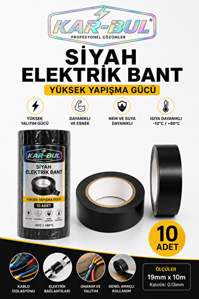 kar-bul Kaliteli  Elektrik Izolasyon Bandı Izole Bant 10 Adet Siyah Elektrik ...