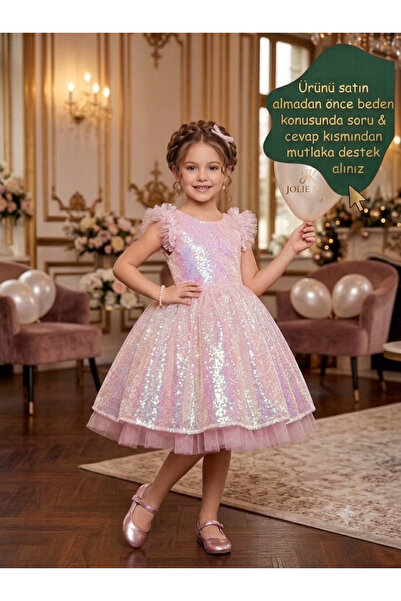Luvia Kids Dress Kol Fırfır Pullu Elbise Düğün Nişan Parti Gösteri Elbisesi