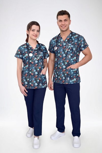 Nur Medikal Giyim Unisex Mavi Master Likralı Virüs Temalı Pamuklu Alt Üst For...