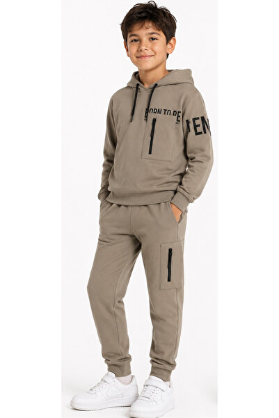 İrem Çocuk Giyim Boy's Born To Be Text Patterned Zipper Pocket Hooded Light B...