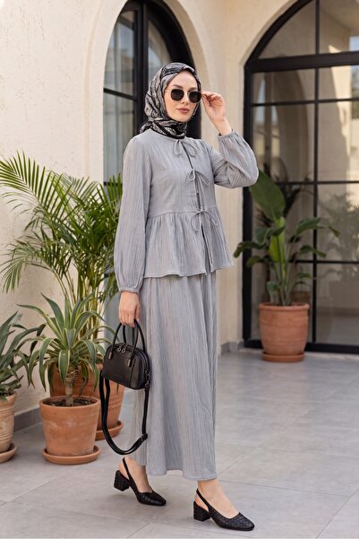 Modamorfo Tie-Front Crinkle Kimono Set with Elastic Sleeves and Skirt - Light...