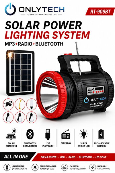 OnlyTech Rt-908 Solar Güneş Panelli Powerbank Mp3 Radyo Bluetooth Işıldak El ...