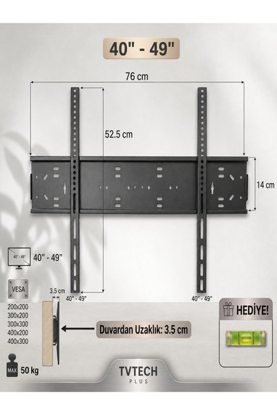 TVTECHPLUS TV Duvar Askı Aparatı I 40inç-85inç/102cm-216cm I Max 50kg/110LBS I Depreme Karşı-Çocuk Kilitli I Kavisli/Curved I Tüm markalarla Evrensel Uyumlu I Mini Terazi