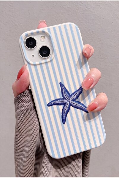 iPhone 13/14/15 Compatible Blue Starfish Pattern Striped Velvety Soft Touch Silicone Phone Case