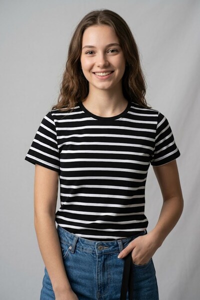 technomonkey Women's Slim Fit Black and White Striped Short Sleeve T-Shirt