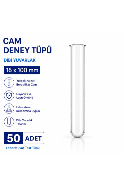 Labolist 16x100 Mm Cam Deney Tüpü Dibi Yuvarlak 50 Adet Laboratuvar Test Tüpü