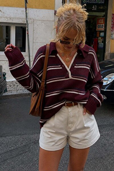 Madmext Claret Red Striped Buttoned Polo Collar Sweater Mg2357