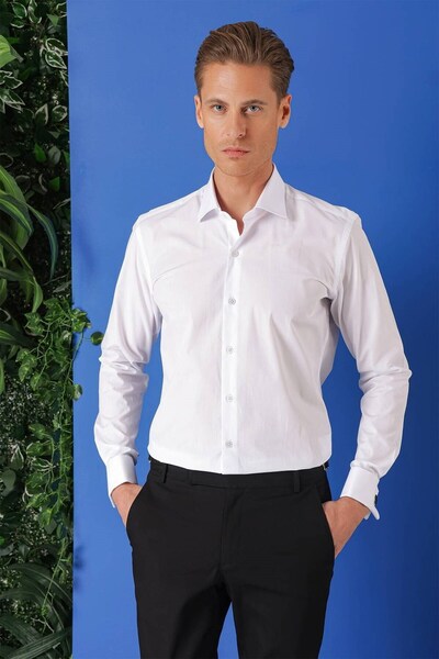 Efor Slim Fit Tie Collar Double Cuff 100% Cotton Classic White Shirt Gk 682