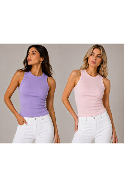 Feyece Kadın Lila Pudra Halter Yaka Fitilli 2'li Paket Crop Bluz