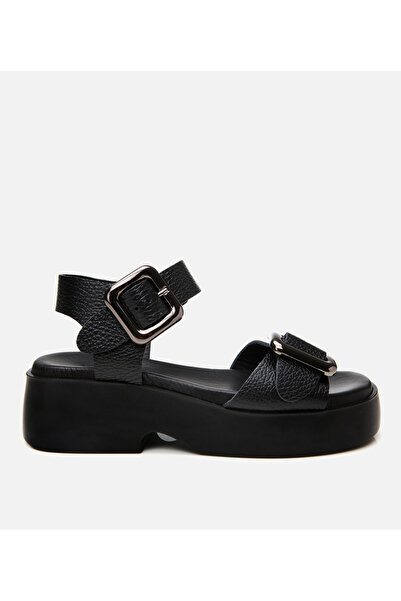 Hotiç Women's Leather Black Belted Wedge Heeled Sandals