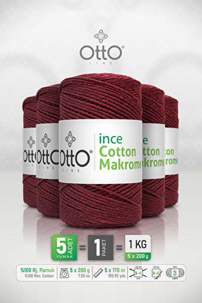Otto Thin Cotton Macrame - Burgundy - 5 Pack - 2Mm/200Gr/170M - Cotton Macram...