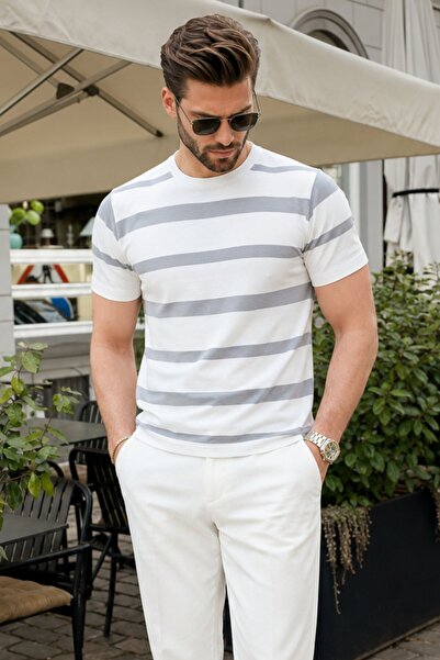 Madmext Πλεκτό T-Shirt με λευκό ριγέ λαιμόκοψη E7414