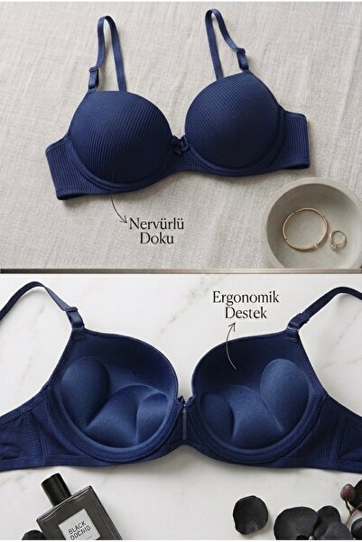 Lavint Homewear Navy Blue Ultra Push-Up Striped Supportive Underwire Silicone...