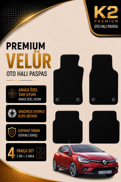 K2 CARPET Premium Velür Oto Halı Paspas Renault Clio 4. Nesil (2012-2020) Uyu...
