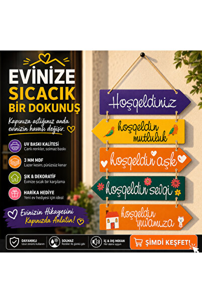 SHELİFE 5'li Ahşap Hoş Geldiniz Kapı Süsü | Dekoratif Ahşap Ok Yön Tabelası |...