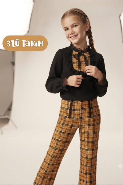Hilal Akıncı Kids Girl's Piece Detailed Black Blouse Plaid Patterned Trousers...