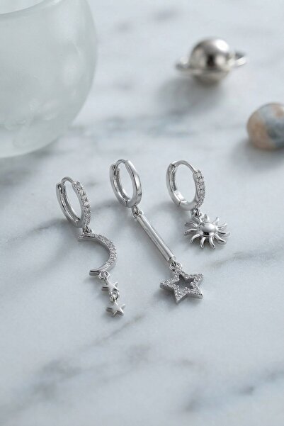 Inure Jewelry مجموعة من 3 أقراط نسائية على شكل نجمة القمر والشمس باللون الفضي