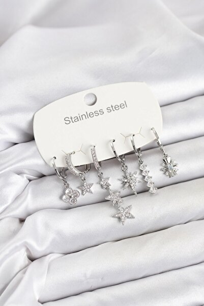 Inure Jewelry 316L Steel Silver Color Zircon Stone Star Detailed Women's Earr...