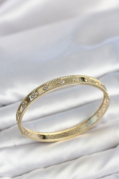 Inure Jewelry Gold Color Brass Clover Model Zircon Stone Women's Cuff Bracelet