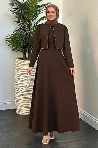 TRENDTESETTÜR KADIN KAHVE İNCİLİ ELBİSELİ TAKIM T 6416