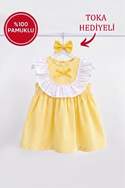 Bertuğ Bebek Gingham Yellow Baby Girl Dress with Ruffle and Ribbon Decoration