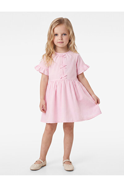 Koton Cotton Ruffled Short Sleeve Bowknot Crew Neck Dress