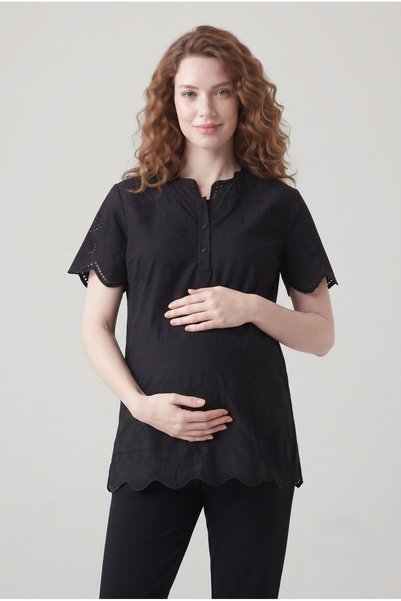 LOHOUSE Women's Black Linen Scalloped Lace Maternity Pajama Set