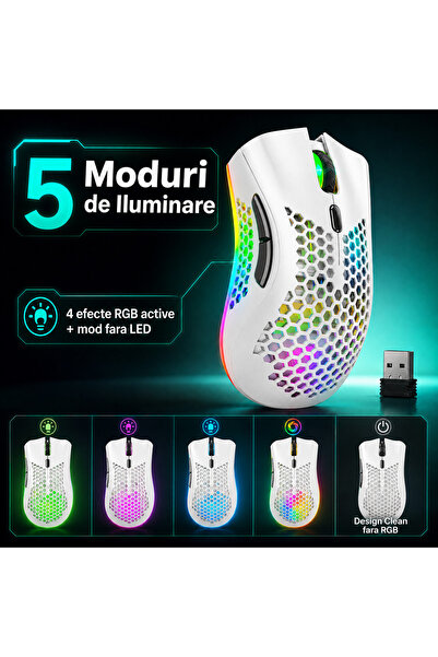 Timebox Mouse de gaming wireless 95g FastCharge USB 2.4GHz RGB 2 butoane programabile alb