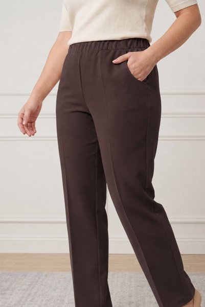 Ravencia Women's Elastic Waist, Side Pockets, Front Stitching, Straight Leg Trousers