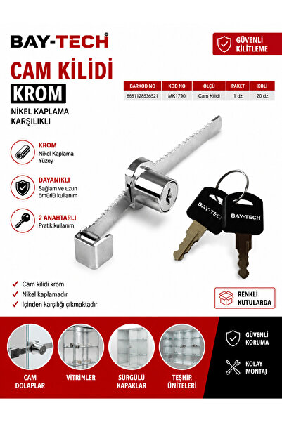Baytech BAY-TECH Cam Kilidi Krom Nikel Kaplama Karşılıklı 2 Anahtarlı