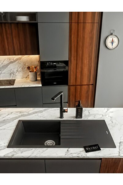 RealStone P011 Assos Damlalıklı Granit Evye 860x435 mm Siyah