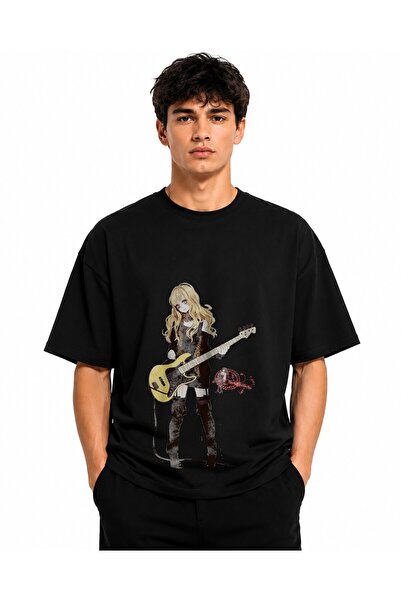 Inscriptie Unisex Premium Βαμβακερό Καθημερινό T-Shirt " Κορίτσι άνιμε με κιθ...