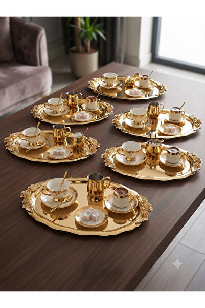 Elzemm store 20*25 CM PARLAK GOLD OVAL KULPLU 6 ADET SERVİS VE SUNUM TEPSİSİ