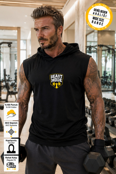BESSA Men's Beast Mode Printed Black Oversize Crew Neck Cotton Hooded Sleevel...