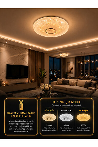 Modavize Serenat LED Krom Avize Modern Tasarımlı Uzaktan Kumandalı 3 Renk Dim...