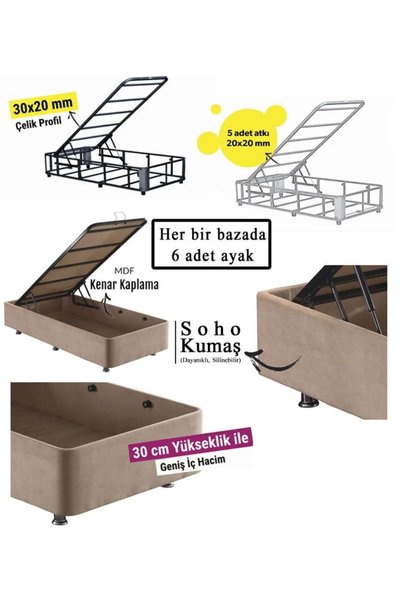 Niron Yatak Queen Çift Kişilik Pedli Yatak Seti - Sütlü Kahve Kumaş Metal Baza, Başlık Ve Sert Yatak Takımı