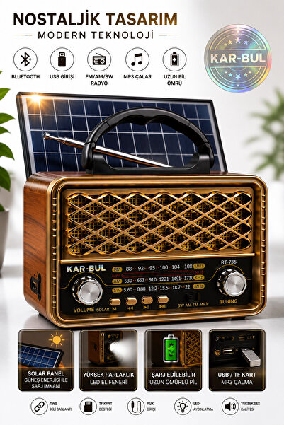 kar-bul Rt-735 Solar Enerjili Nostajık Radyo Bluetooth Usb/fm/radyo