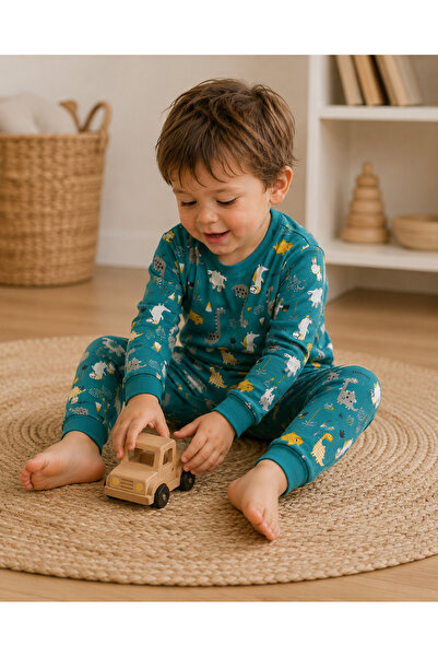 Zekalya Set de pijamale turcoaz din țesătură interlock cu model de dinozauri ...