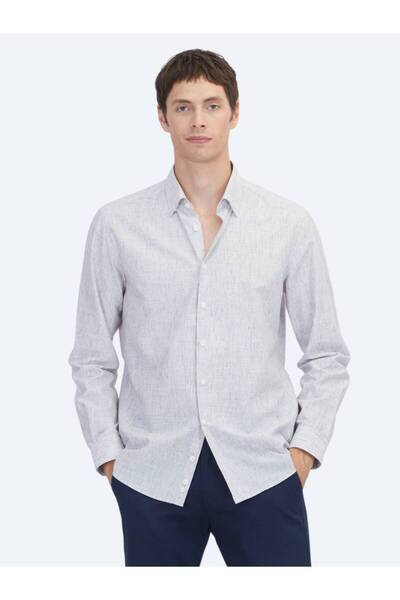 Kip Light Navy Blue Plain Regular Fit Long Woven Casual Cotton Blend Shirt