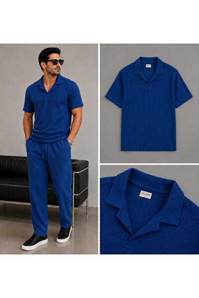 WENMİNG Men's Corded Fabric Ottoman Fabric Polo Collar T-Shirt Pants Bottom T...