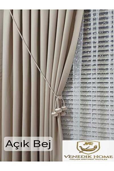 venedik home Açık Bej Renk Milas Keten Fon Perde 1x3 Sık Pileli Özel Dikim (4...