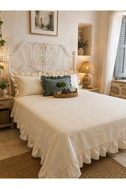 Decamor home İnci Vintage Fırfırlı Ekru Yatak Örtüsü Çift Kişilik