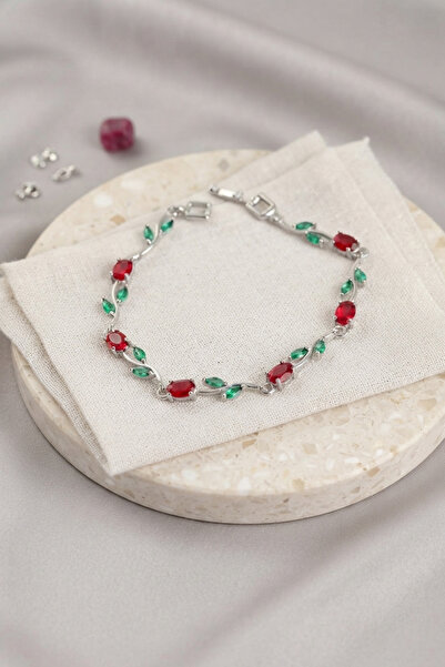 Lisinya Brass Silver Color Red Zircon Stone Flower Model Women's Bracelet -