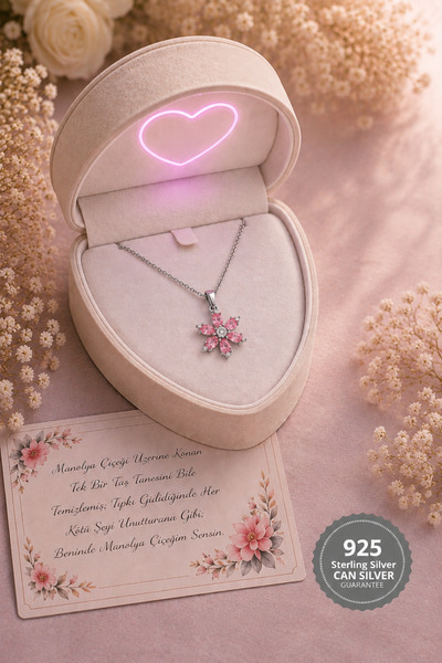 CAN SİLVER 925 Ayar Gerçek Gümüş Pembe Taşlı Manolya Çiçeği Gümüş Kadın Kolye...