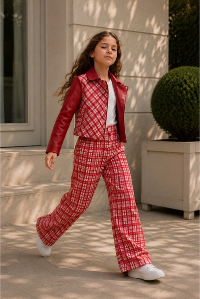 HC Kids Wear Kız Çocuk Kareli Deri Detaylı Kırmızı Alt Üst Takım