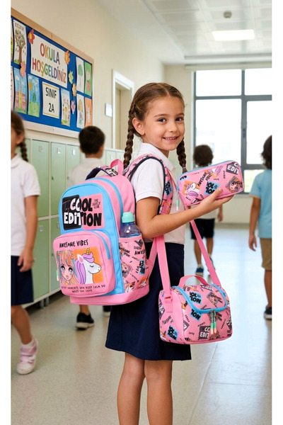 shopshop Kız Çocuk Unicorn 3'Lü Okul Seti İlkokul Çantası Termal Folyolu Besl...
