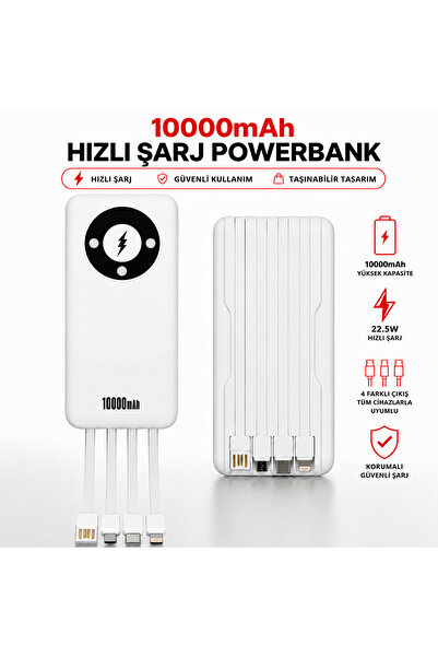 TEKNOAS İLETİŞİM 10000 mAh Hızlı Şarj Powerbank Dahili 4 Kablolu Type-C, Ligh...