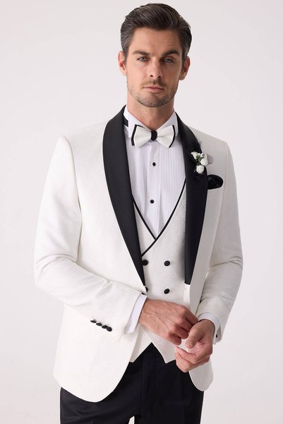 Ysf Erkek Beyaz Damatlık Slim Fit Kırlangıç Yaka Desenli