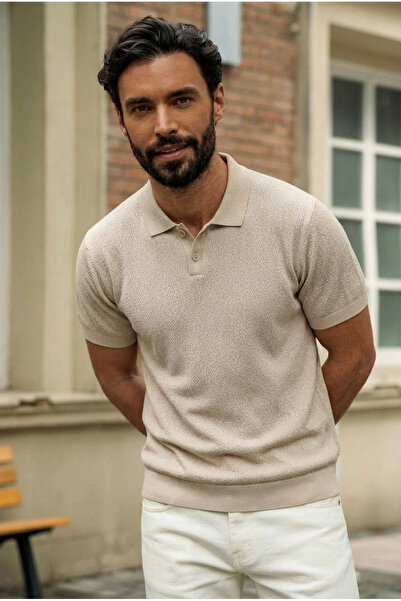 DAMGA JEANS تي شيرت رجالي ذو ياقة بولو منسوجة باللون البيج وأكمام قصيرة