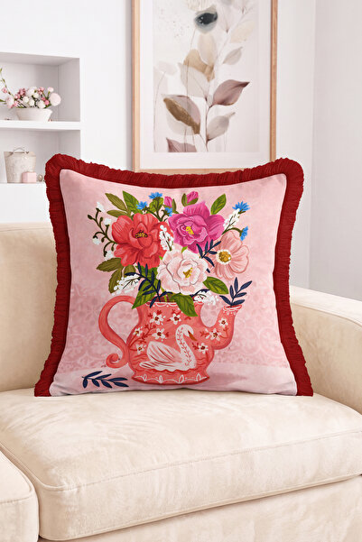 Realhomes Flower Bouquet and Swan Motif Teapot Patterned Fringed Throw Pillow...